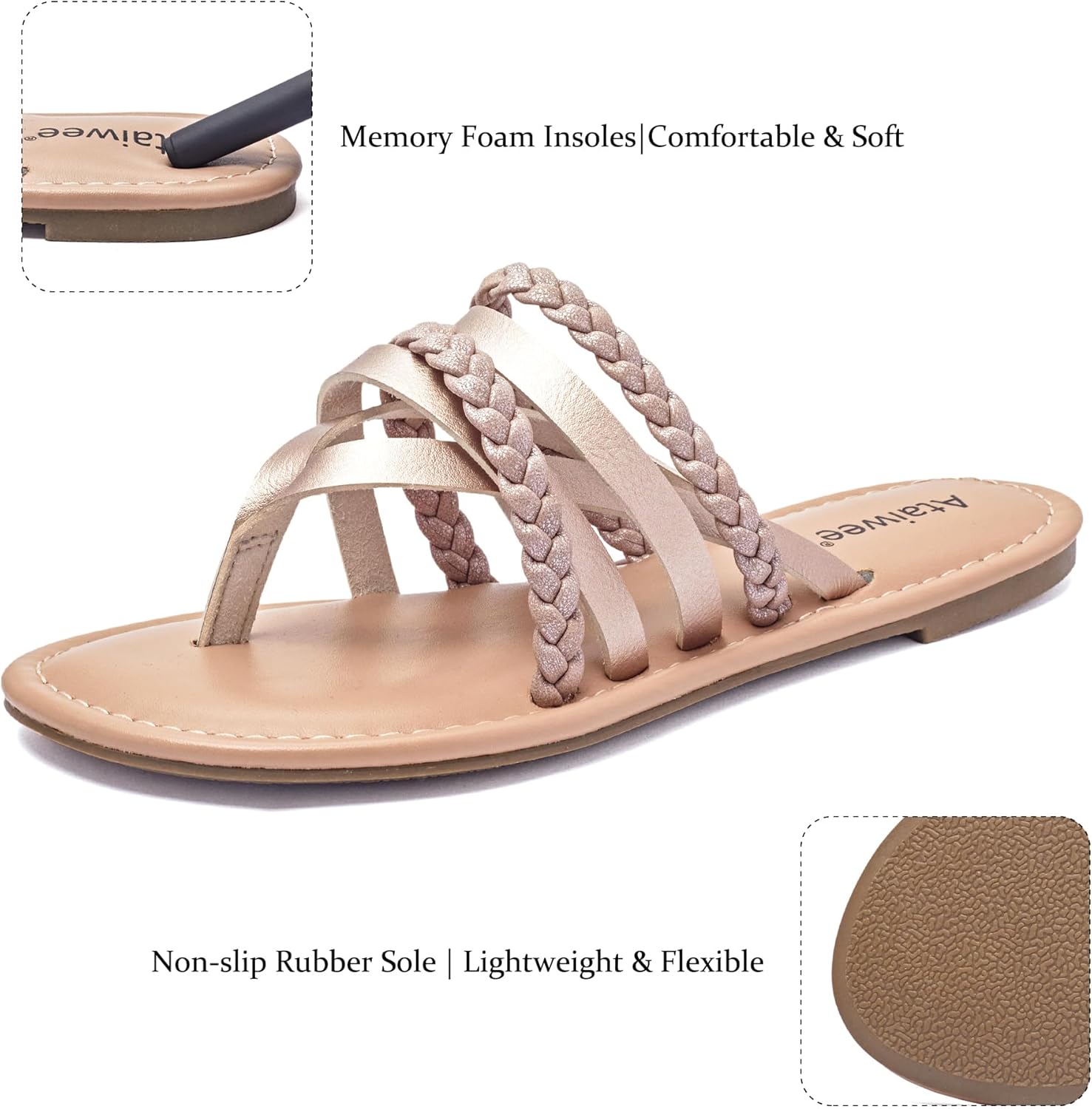 Ataiwee Women's Casual Flat Slide Sandals - Dressy Comfortable Criss Cross Strappy Summer Sandals,Open Toe Multi Strap Beach Flat Thong Sandals.