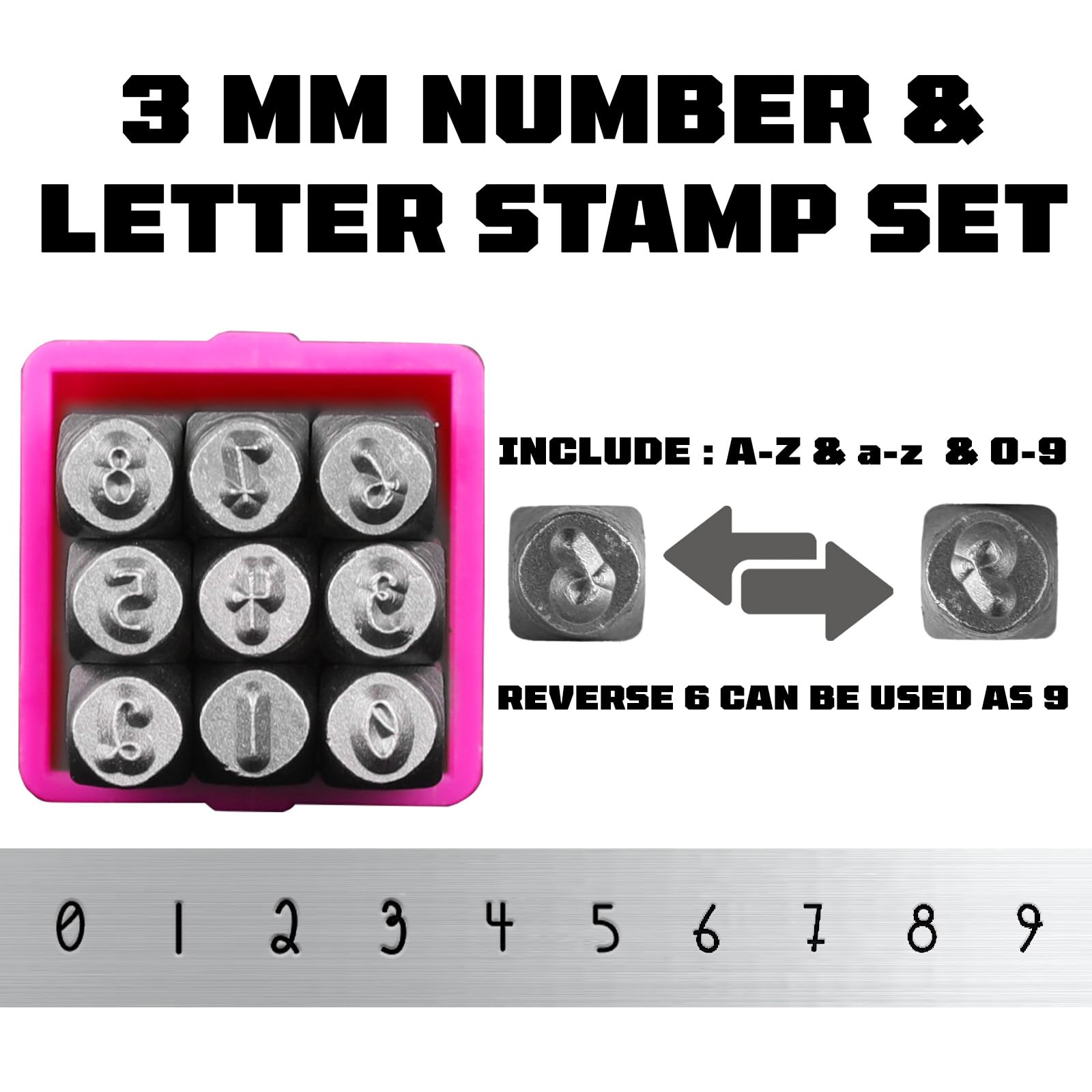Kit de estampado de metal de 63 piezas, fuente artística de 3 mm, sellos de metal para hacer joyas, juego de sellos de números y letras (A-Z, A-Z, A-Z, 0-9) con estuche de almacenamiento