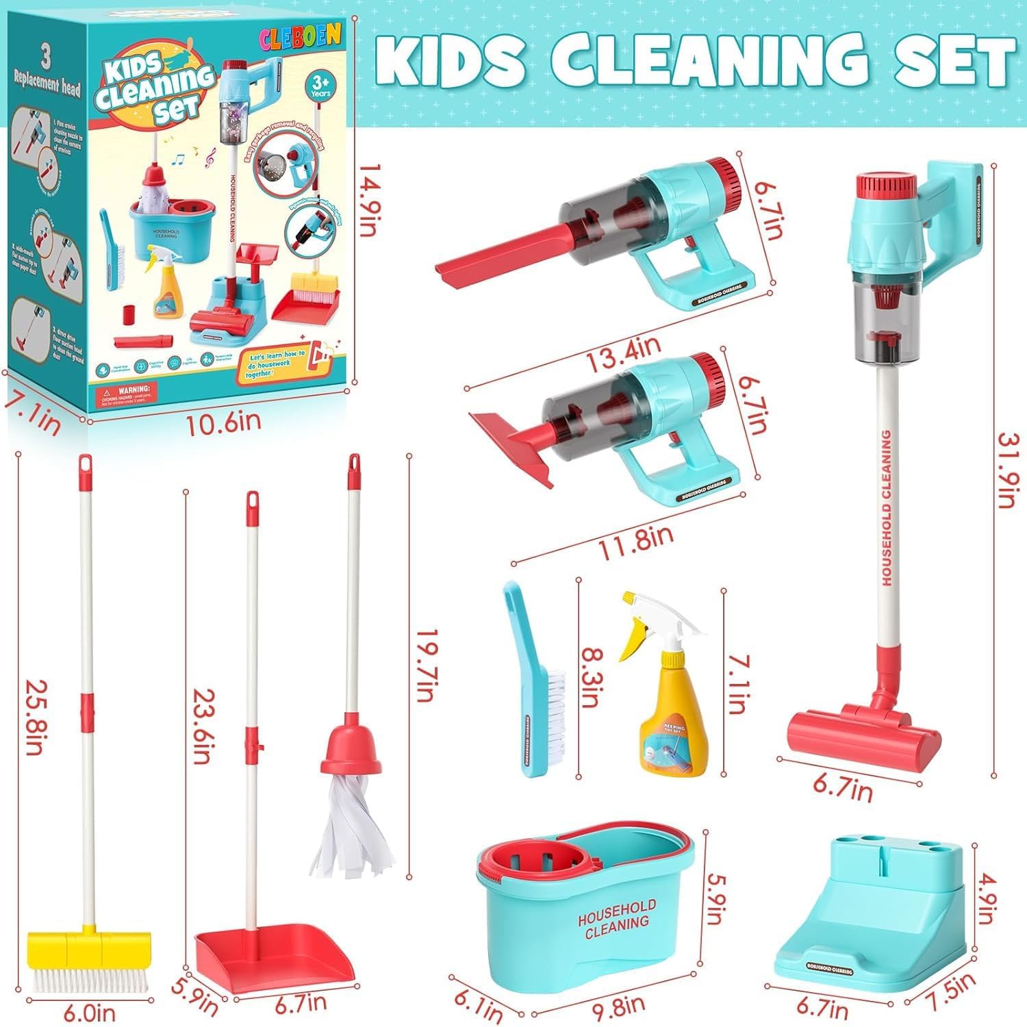 Kids Cleaning Toy Set for Toddlers with 3-in-1 Vacuum That Really Works, Mop & Broom Set & Pretend Play Household Cleaning Tools, Christmas Birthday Gift for Kids Toddlers Boys Girls Ages 3-5-8+