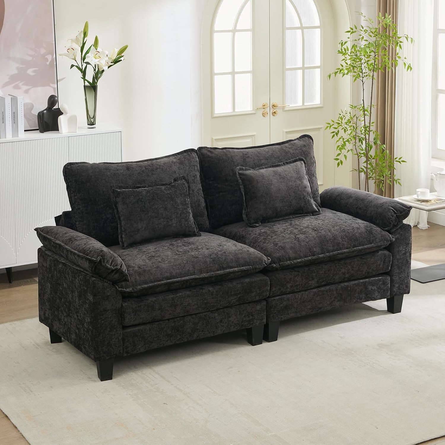 URRED Modular Sectional Sofa Comfy Cloud Couch, Modern Chenille Sofa Sleeper Deep Seat Couches with Ottoman/Pillows for Living Room (Black, 82.6'')