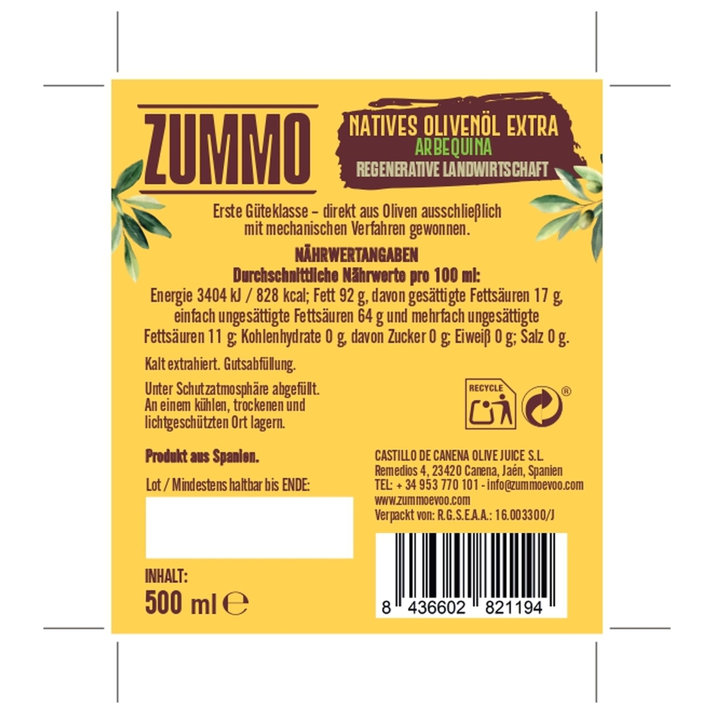 Canena Zummo EVOO Arbequina Olivenöl Extra Virgin (6 x 0.5 l)