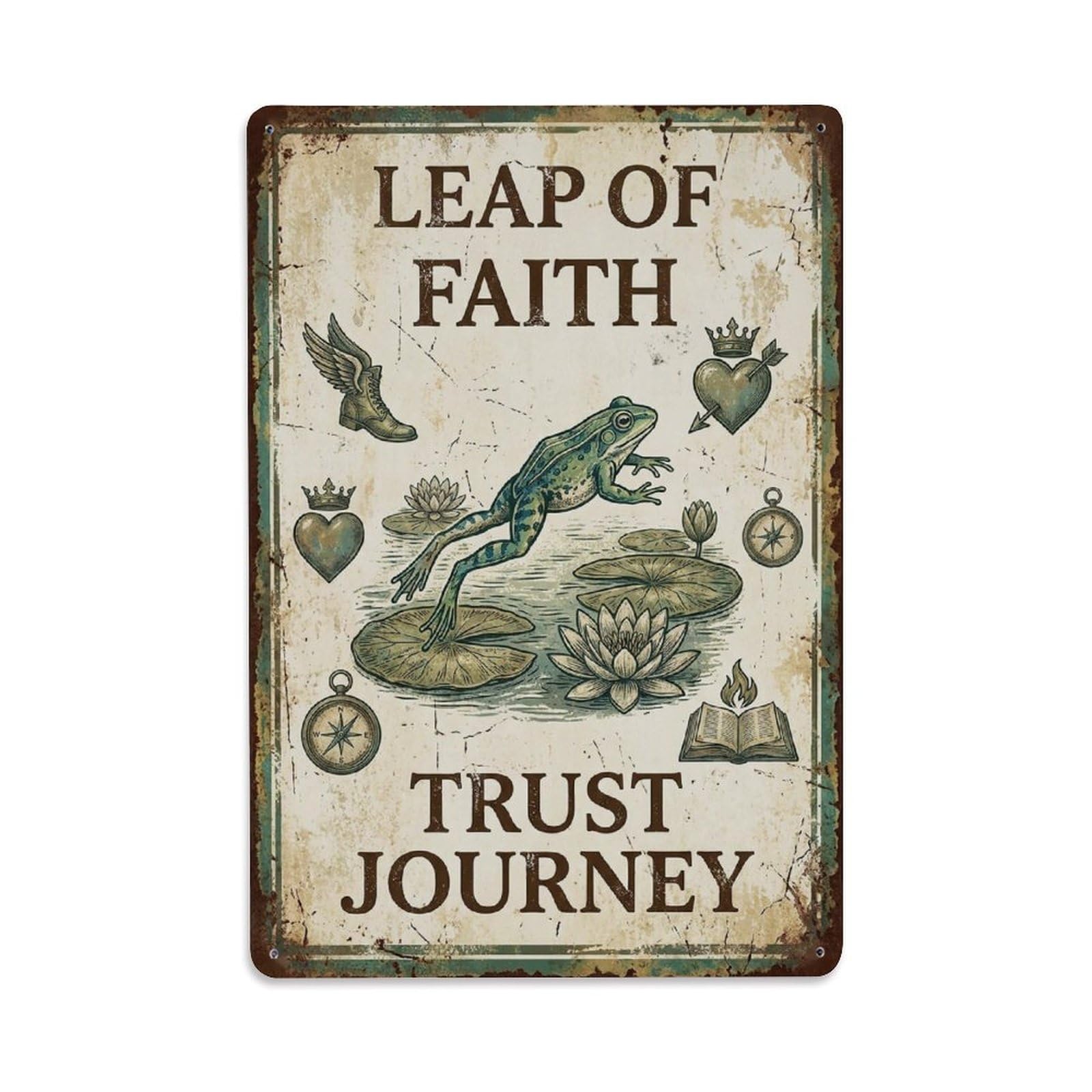 Okngb Style Quirky Frog Animal Quote Faith Trust Journey Vintage Metal Tin Sign Plaque Wall Decor For Cafe, Man Cave, Club Bar, Office, Home Garden Round Metal Poster 8X12inch