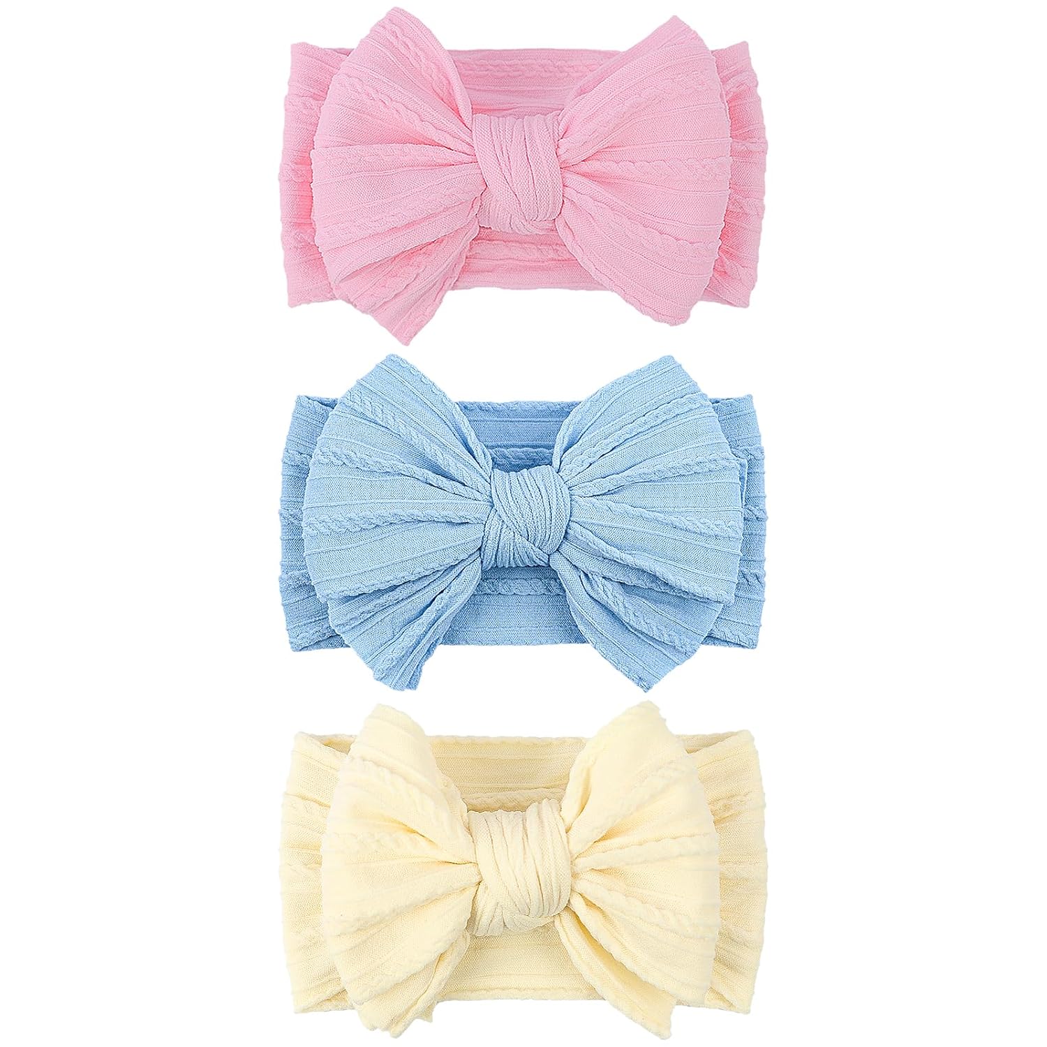 LemonSpace Handmade Baby Girls Headbands Soft Stretchy Nylon Hair Bands Hair Accessories with Bows for Newborn Baby Girls Infant Toddlers Kids(Light Pink Blue Yellow mix)