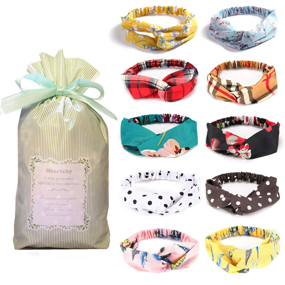 10 Pcs Boho Headbands for Women Flower Printing Twisted Criss Cross Elastic Head Wrap Cute Hair Accessories with a Gift Bag (Color A)-image-17