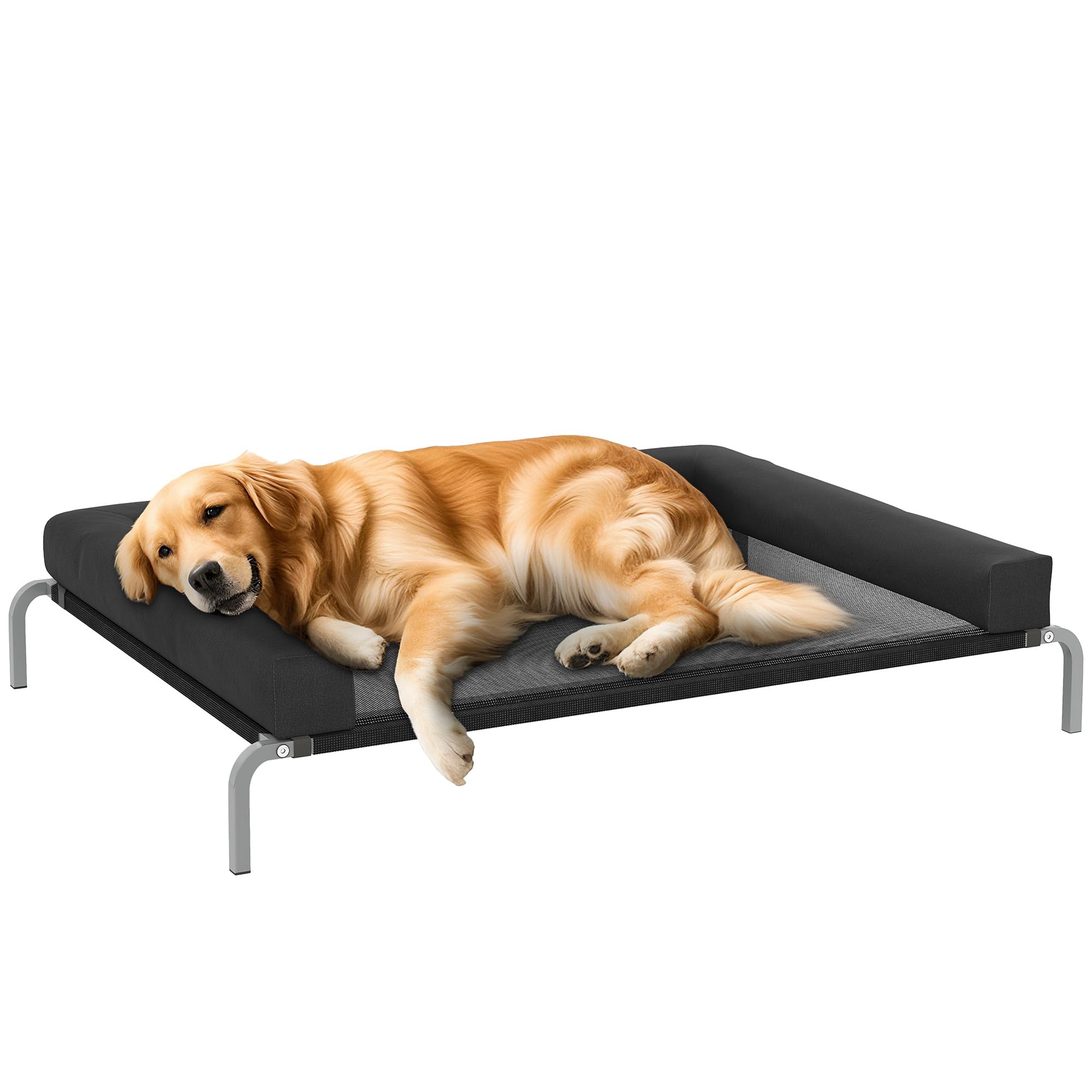 PawHut Elevated Dog Bed with Removable Bolsters, Raised Dog Bed for Breeds, Portable Indoor & Outdoor Pet Cots with Raised Sides, Breathable Mesh, Chew-Resistant, 130L x 90W x 30H, Black
