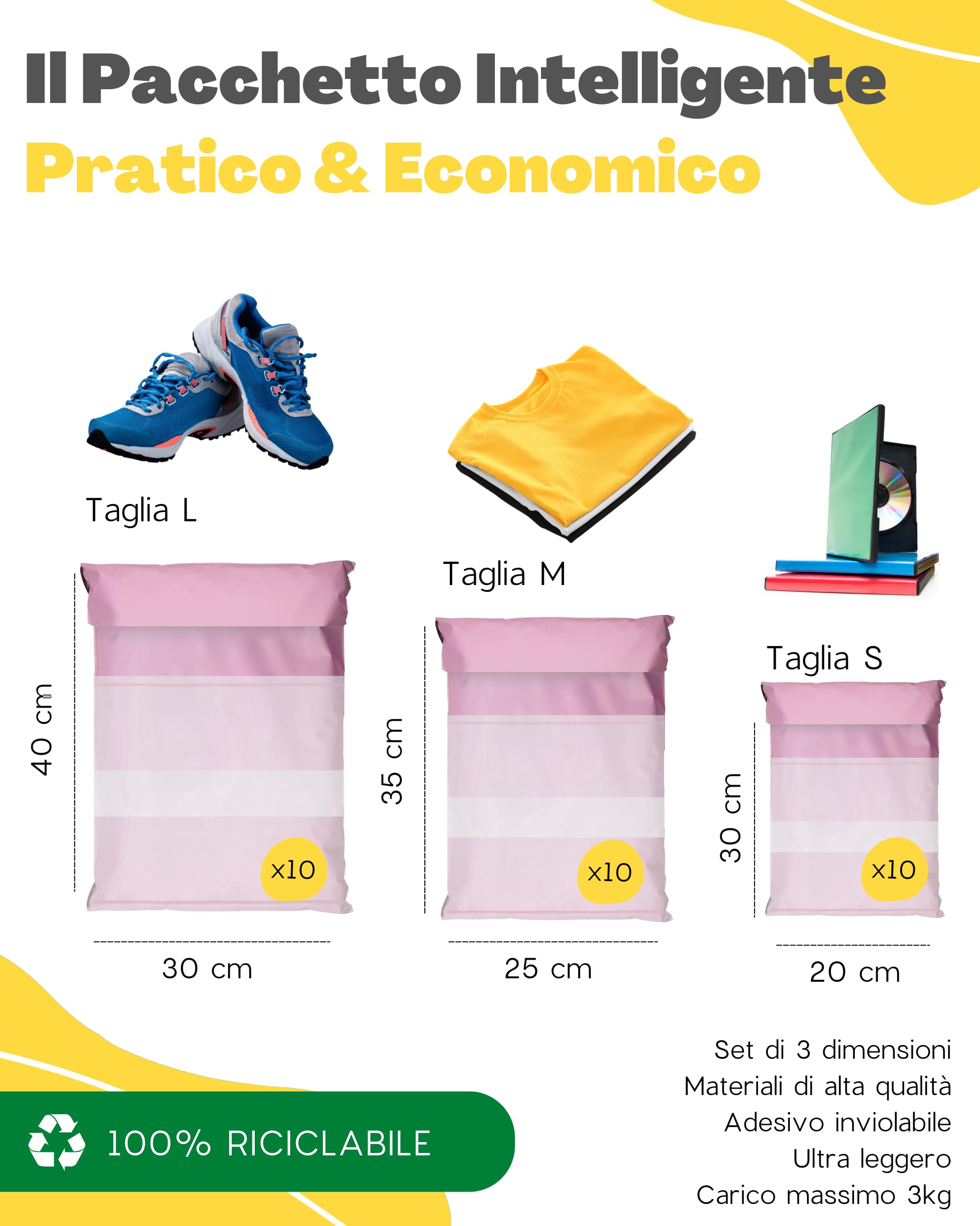 EMBALLAX Sacchetti Spedizione in Plastica 30 Buste NON TRANSPARENTI ULTRA-RESISTENTI Taglie S/M/L