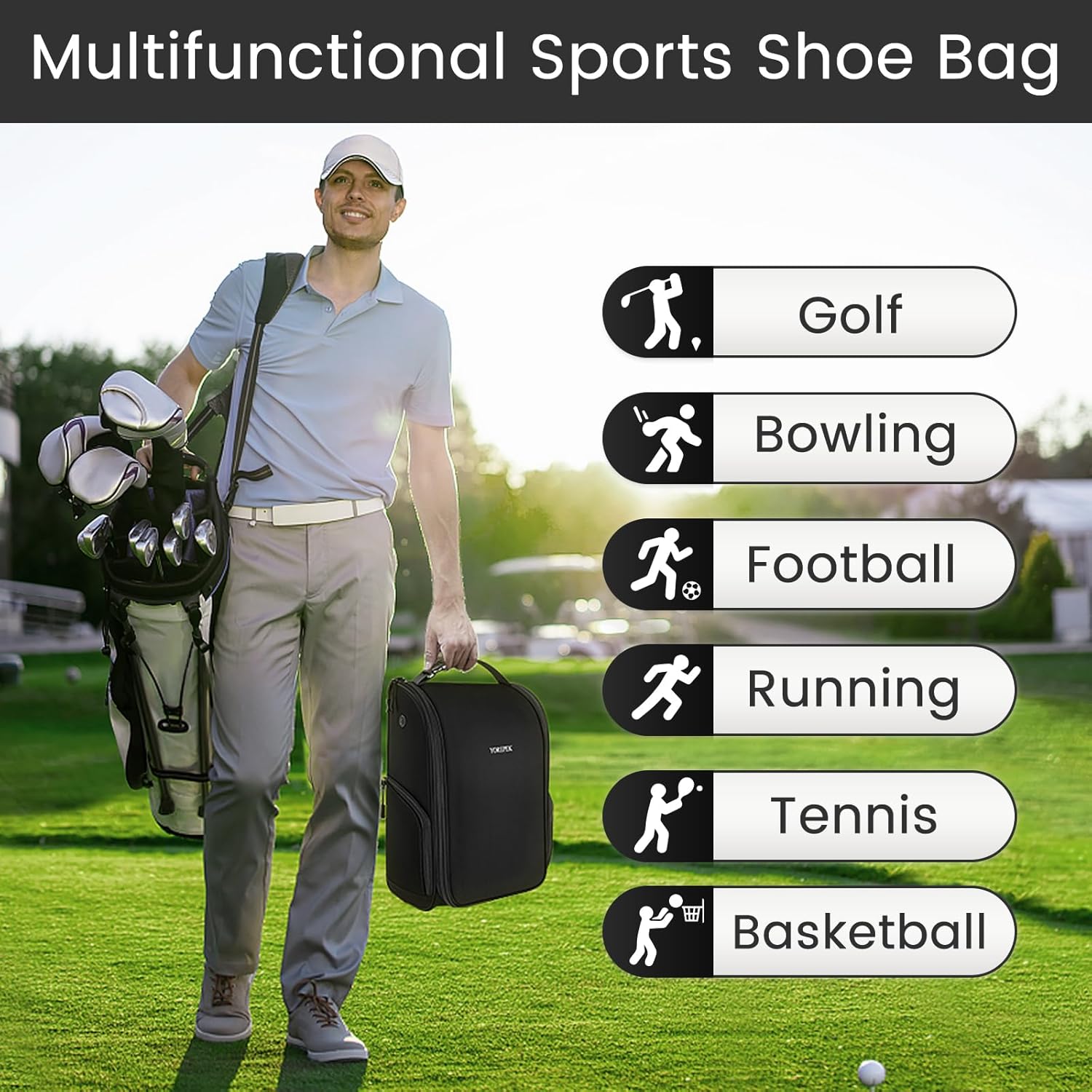 YOREPEK Golf Shoe Bag, Golf Accessories Bag with 3 Pockets for Socks, Tees, Balls, Designed with a Buckle Top Carry Handle, Zippered Sport Shoe Carrier Bags with Ventilation, Golf Gifts for Men, Black - Image 6