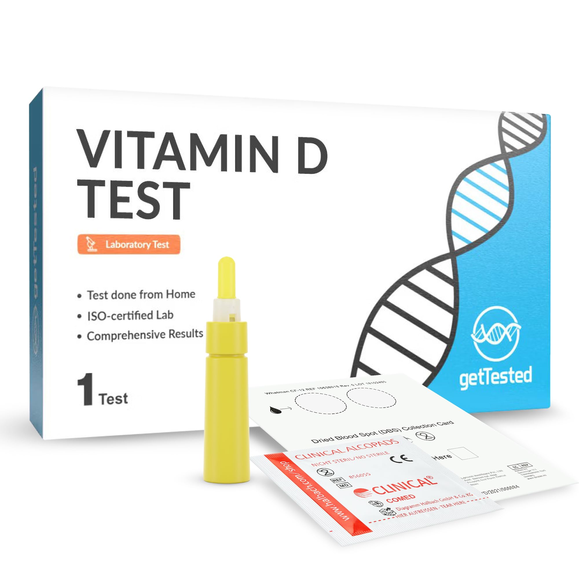 Zestaw do testowania poziomu witaminy D, domowa kolekcja DBS | getTested | Pomiar witaminy D3 | Ocena niezbędnego zdrowia kości i odporności