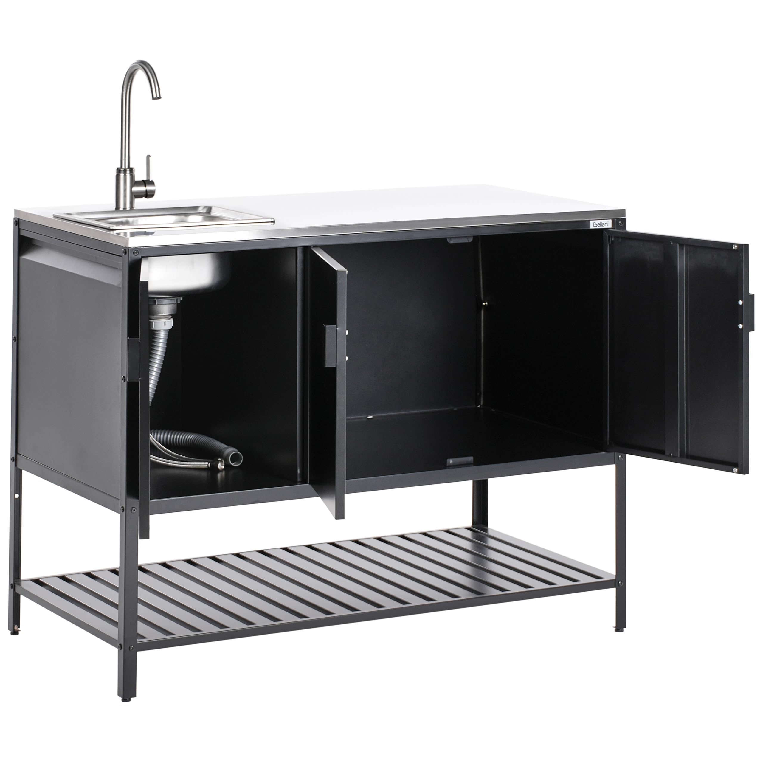 Beliani Conjunto de 2 armarios de Cocina Exterior de Acero 3 Puertas encimera de Acero Inoxidable jardín Negro con Fregadero Maenza