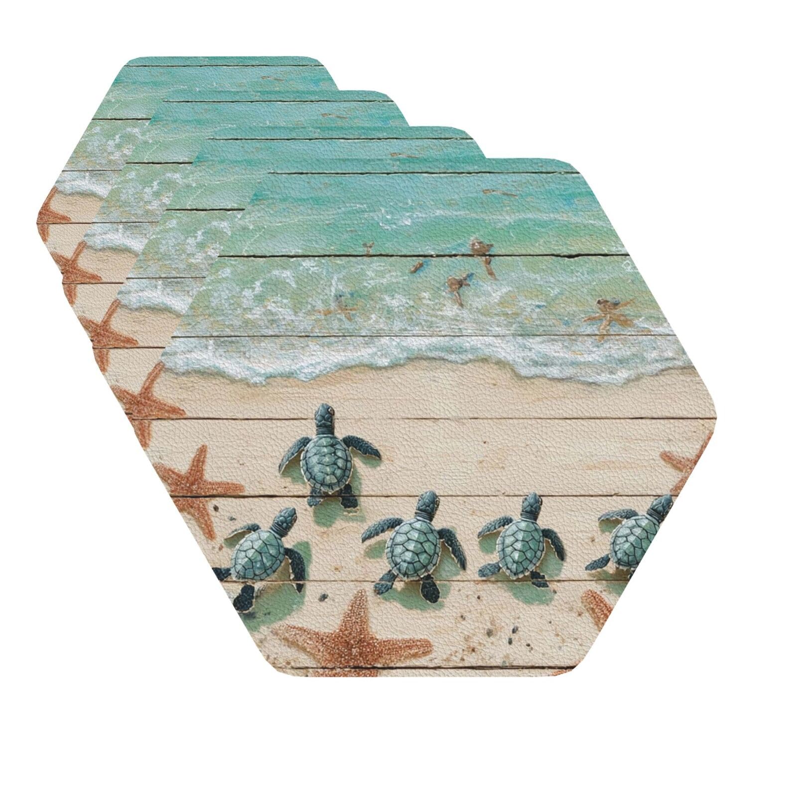 Drink Coasters Set of 4 Quick-Dry Leather Coaster Sea Turtle Starfish Coasters for Drinks Coffee Cup Mat Tabletop Protection Heat Resistant Coaster for Kitchen Bar Office Home Decor
