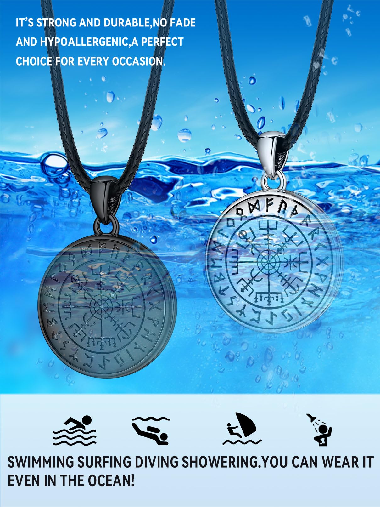 FaithHeart 925 Foto Anhänger für Damen Herren, Schwarz Medaillon mit Wikinger Vegvisir Symbol, Wikinger Amulett mit Bildanhänger für Geburtstag Weihnachten Halloween
