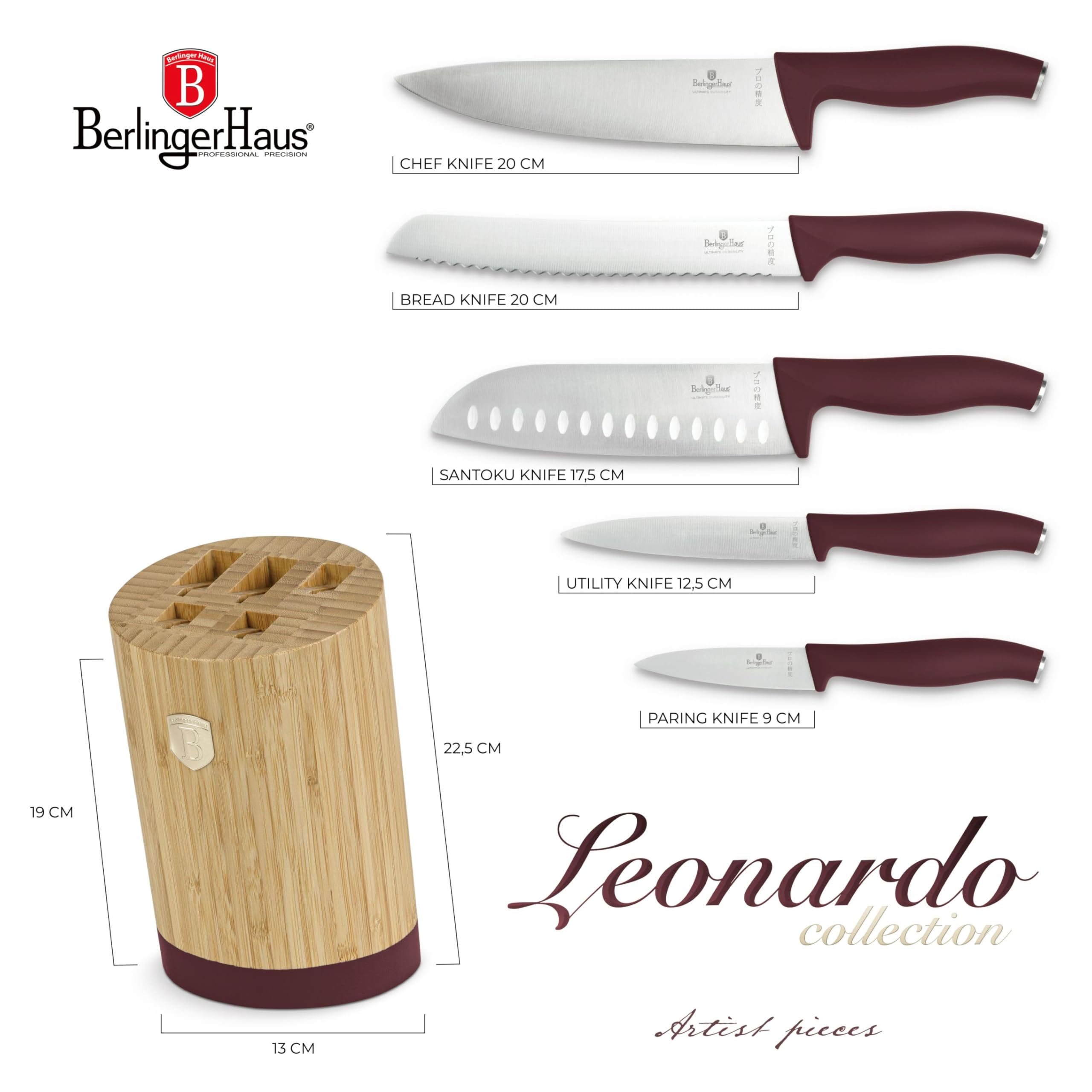 Berlinger Haus 10-teiliges Messerset – Rostfreier Stahl, Bambus-Ständer, Matte Farbe