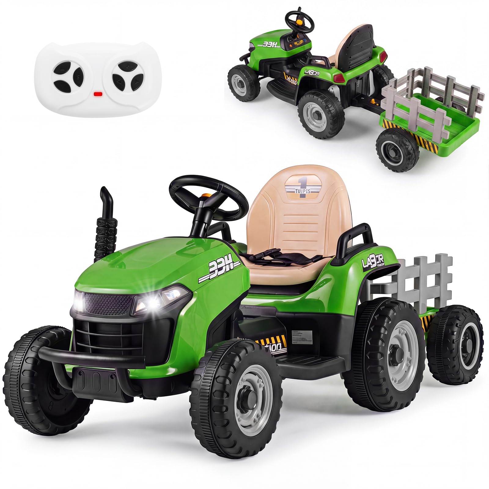 COSTWAY 24V Ride on Tractor with Trailer, Kids Electric Car (Green)