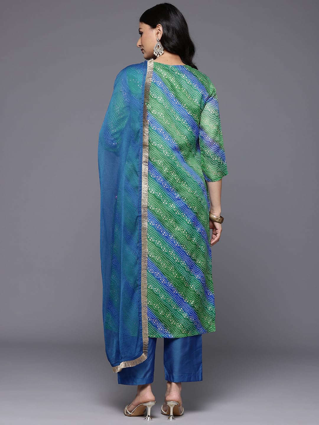 Varanga Women Blue Bandhani Printed Zari Embroidered Kurta Paired With Bottom And Dupatta
