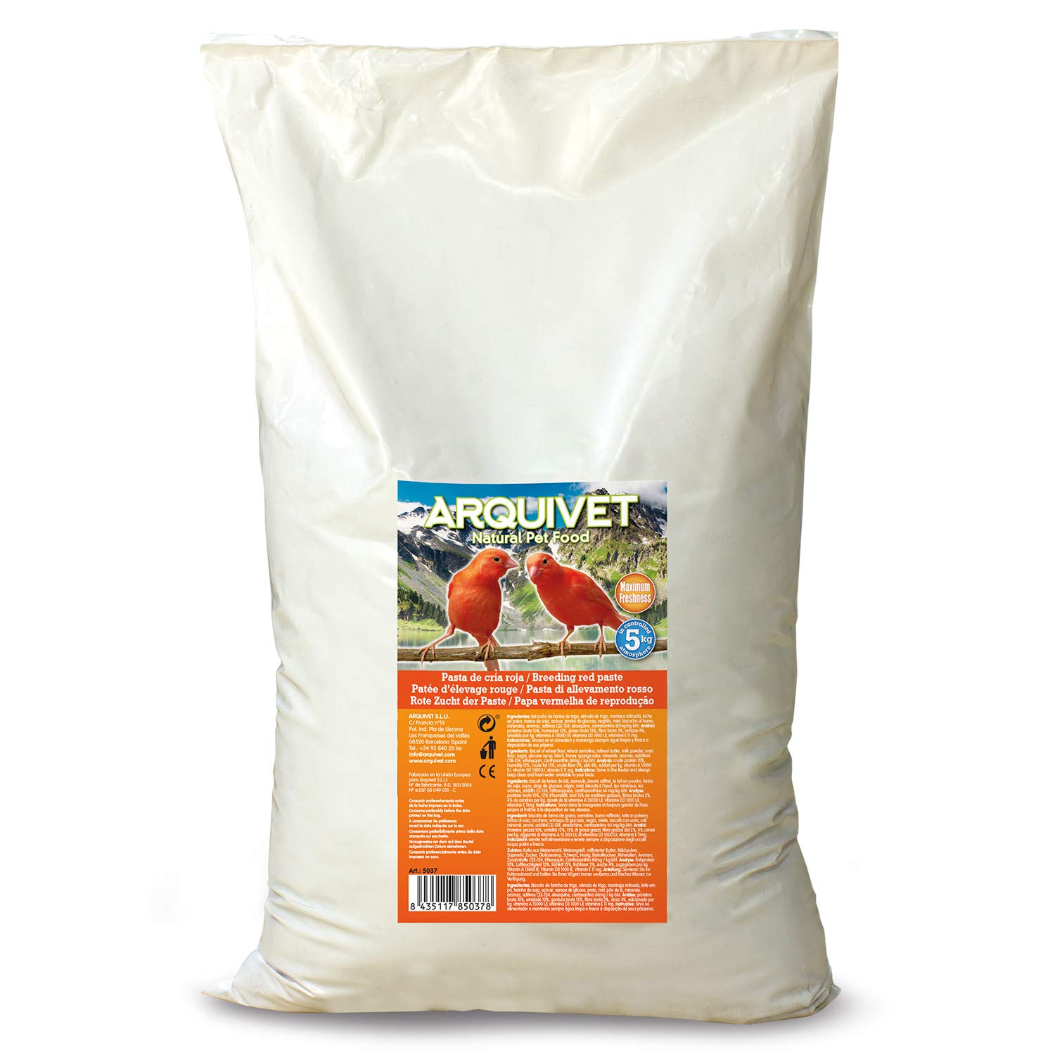 ARQUIVET Pasta de cría roja para pájaros 25 Kg - Sabor neutro - Alimentación para aves - Comida para todo tipo de pájaros y especialmente de plumaje rojo