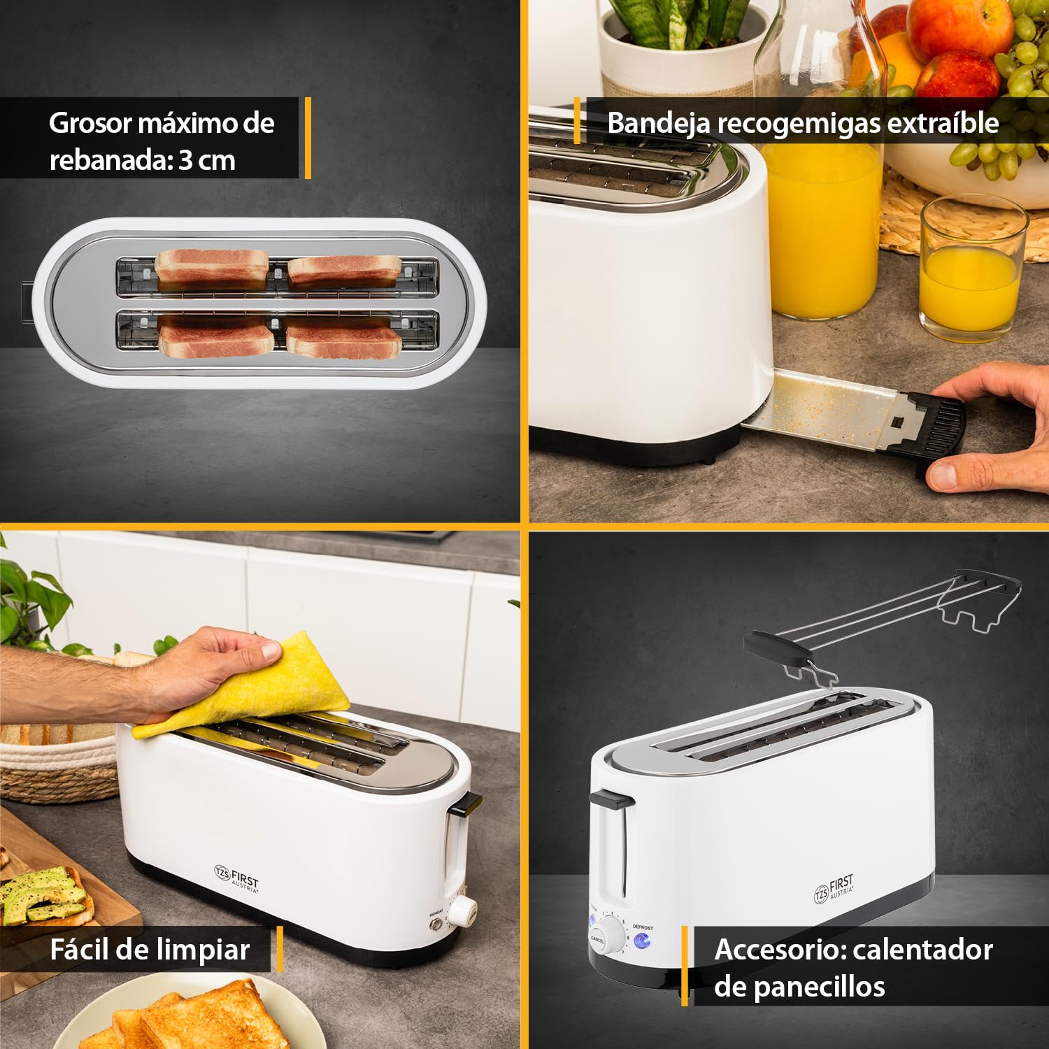 TZS First Austria - Tostadora 4 rebanadas, 1400W, bandeja recogemigas, soporte panecillos, carcasa aislada, ajuste temperatura, acero inoxidable, función descongelar, centrado pan