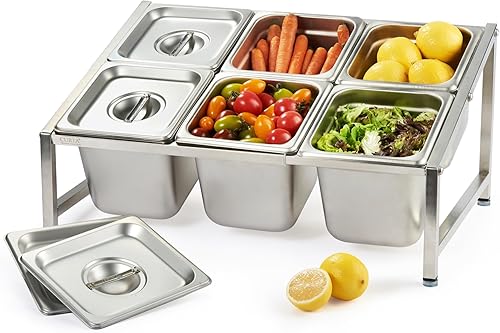 CURTA Juego de estante de especias expandible de acero inoxidable 188, certificado NSF, estante organizador inclinado de 2 niveles con bandeja de 6