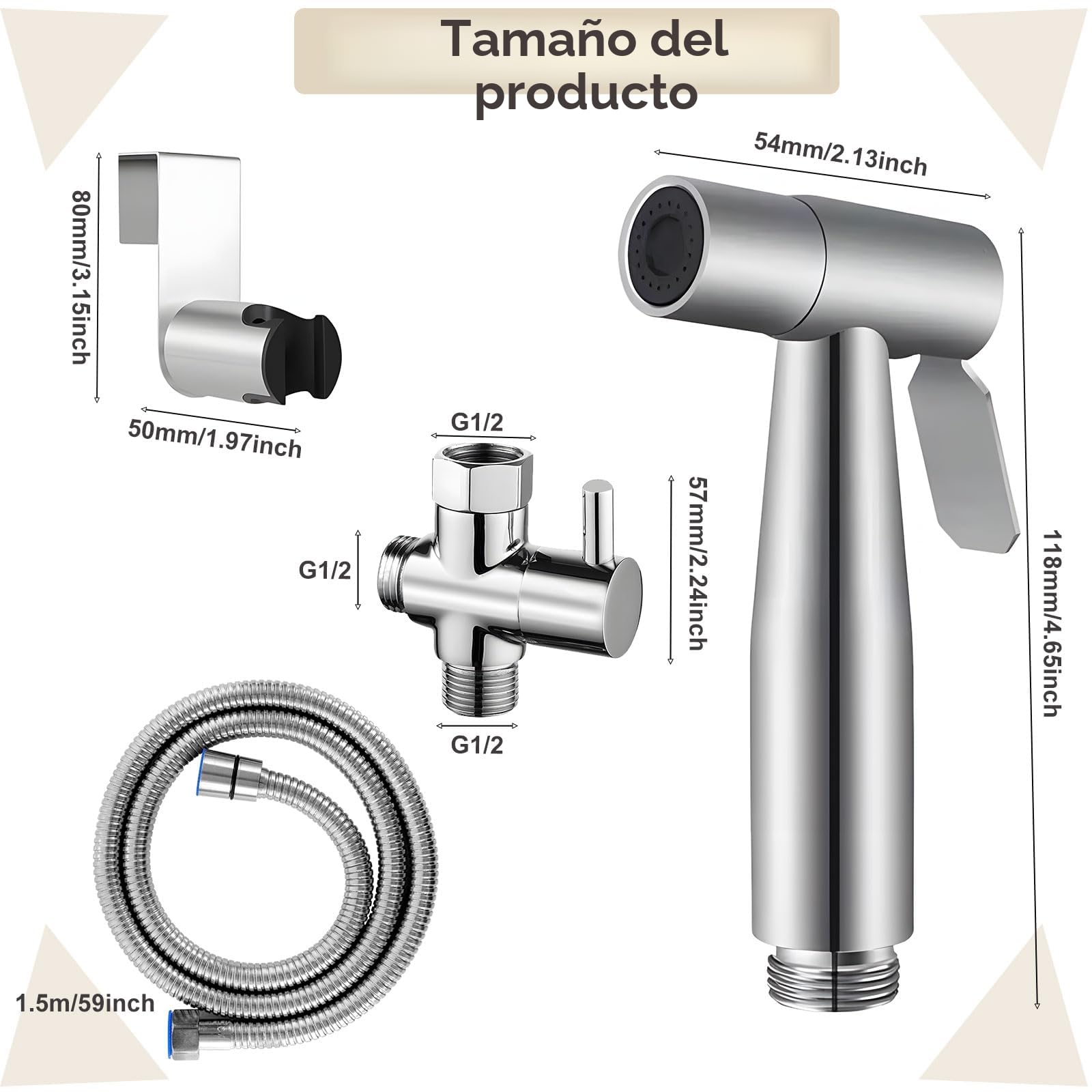 Kit de Pulverizador de Bidé de Mano, Ducha Bidet Acero Inoxidable con 1.5m Manguera, Grifo Portatil para WC Kit, Juego de Ducha de Mano de Bidé para Higiene Personal