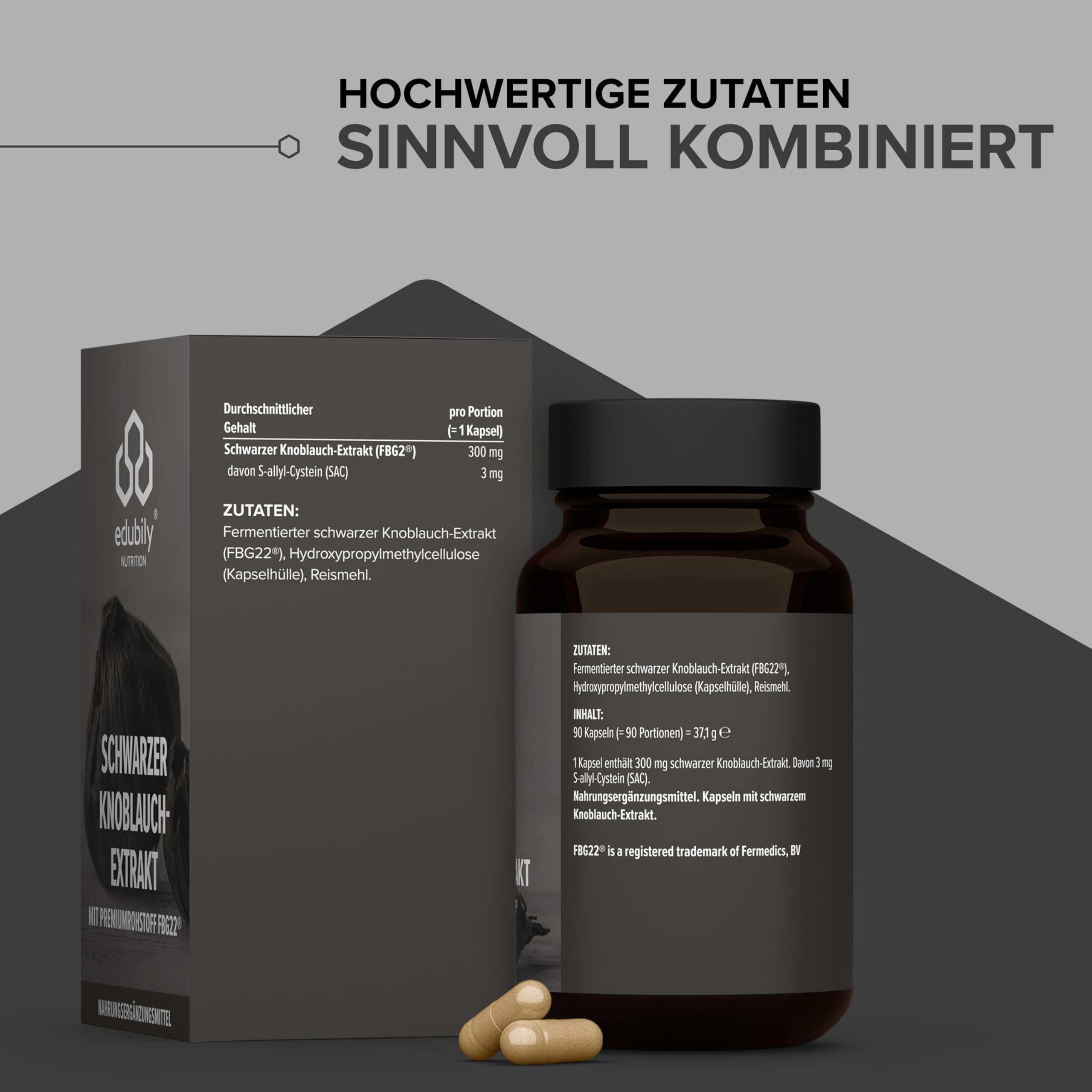 edubily® Schwarzer Knoblauch Extrakt - Mit S-Allyl-Cystein (SAC) - 3-fach fermentiert - 300 mg pro Kapsel - Laborgeprüft - Deutsche Qualität (90 Kapseln)