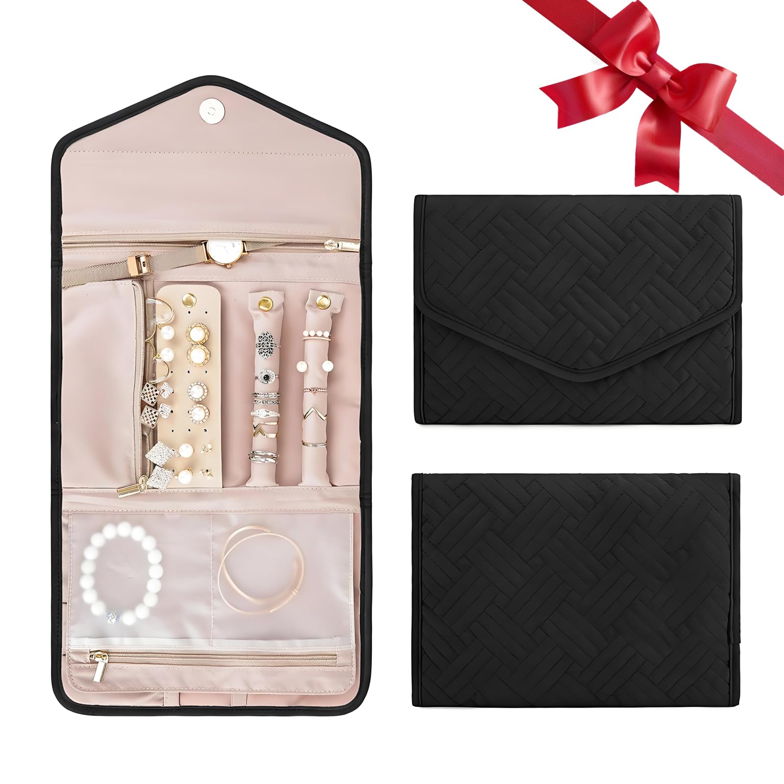 Yaojucye Women's Black Travel Jewellery Roll, Portable Jewelry Storage Organiser For Necklace Earrings Bracelets Gift For Travellers (Black)