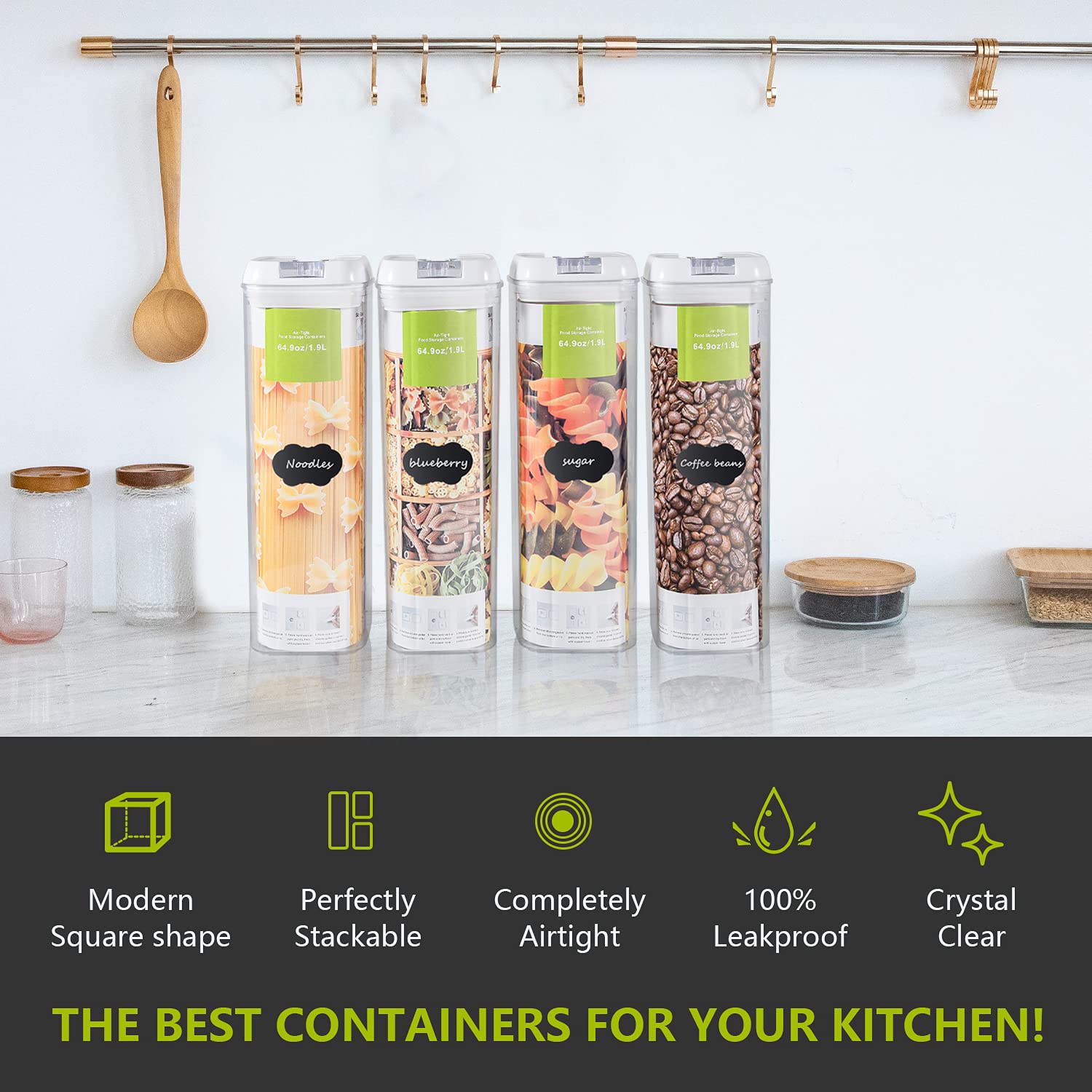 Confezione da 4 contenitori ermetici riutilizzabili per la conservazione degli alimenti Set di contenitori per cereali durevoli senza BPA con coperchi antiscivolo per l'organizzazione della cucina e