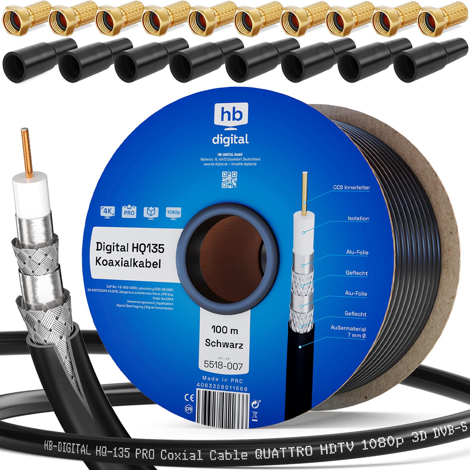 HB-DIGITAL Cable coaxial SAT HQ135 PRO de 100 m, incluye 10 boquillas de goma + 10 conectores F dorados gratuitos | Cable de antena satélite 4 vías apantallado para sistemas DVB-S/S2 DVB-C/C2 DVB-T/T2