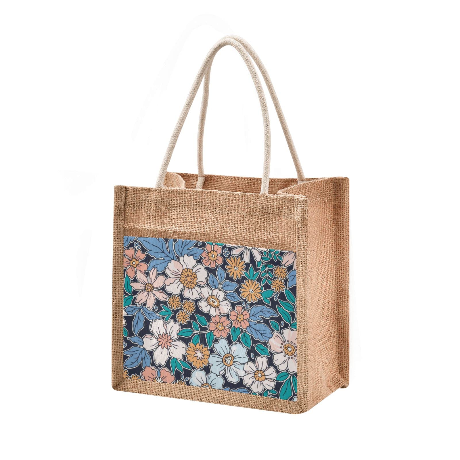 Mnsruu Burlap Jute Tote Bag Elegant Floral Pattern Reusable Grocery Shopping Bag Gift Present Bag Beach Tote Bag, Shopping Bag for Holiday Xmas Event Party 25x25x18cm