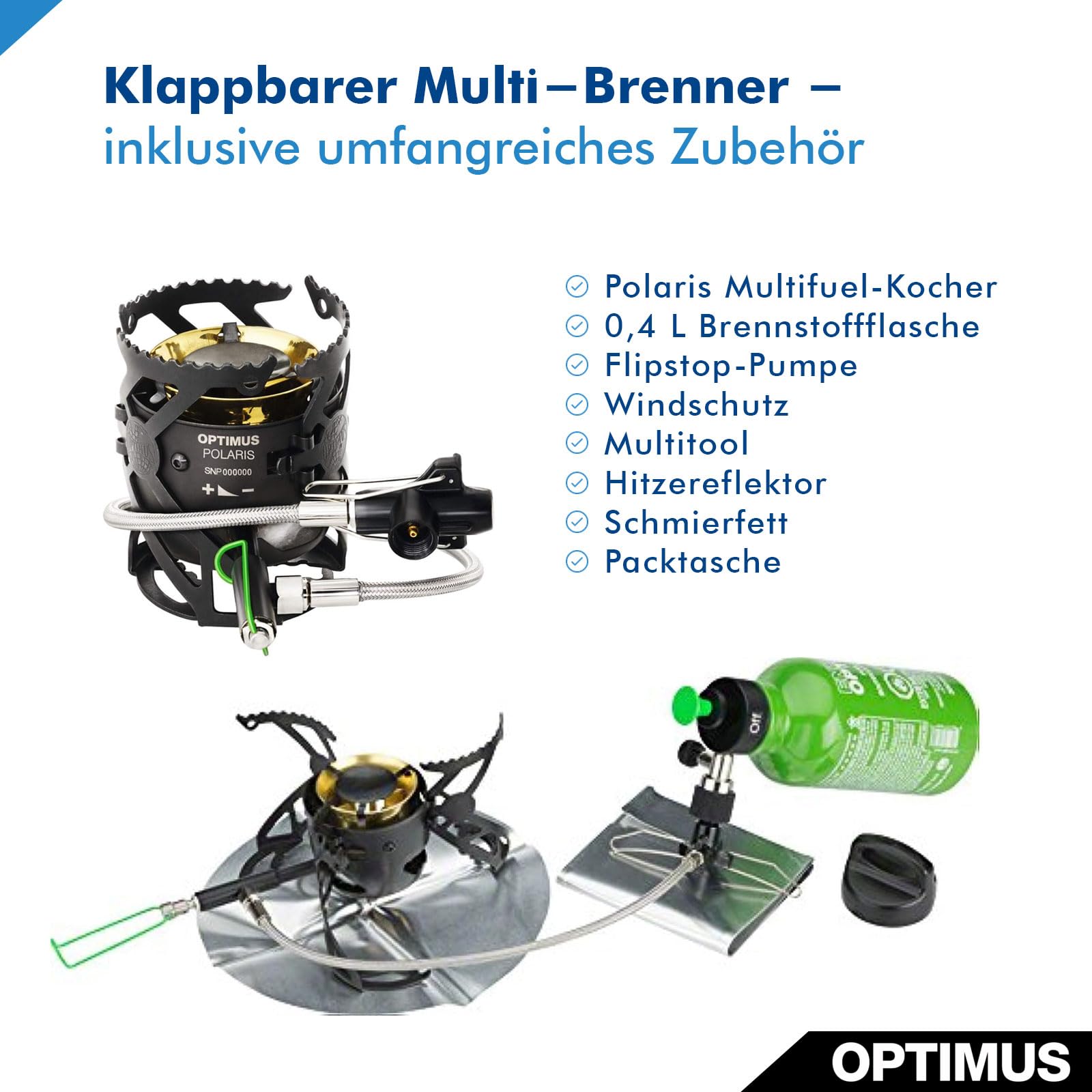 Optimus Multifuelkocher Polaris Optifuel Kocher mit 400 ml Brennstoff Flasche