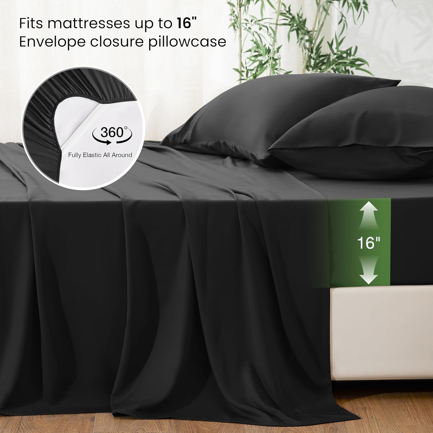 Love's cabin 4 Piece Queen Sheet Set, Cooling Sheets, 100% Rayon Derived from Bamboo, Breathable & Soft Queen Size Bed Set, Deep Pocket Up to 16", Hotel Luxury Silky Bedding Sheets, Black - Image 4