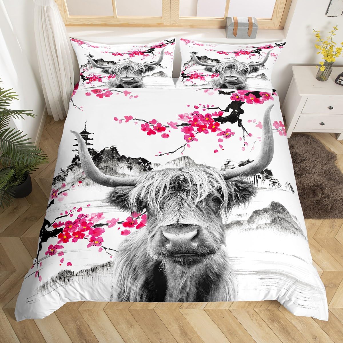 Loussiesd Highland Cow Comforter Cover Cute Red Floral Cattle Bedding Set Kids Girls Women Men Cherry Blossom Duvet Cover Western Bull Cow Print Bedspread Exotic Wild West Animal Single