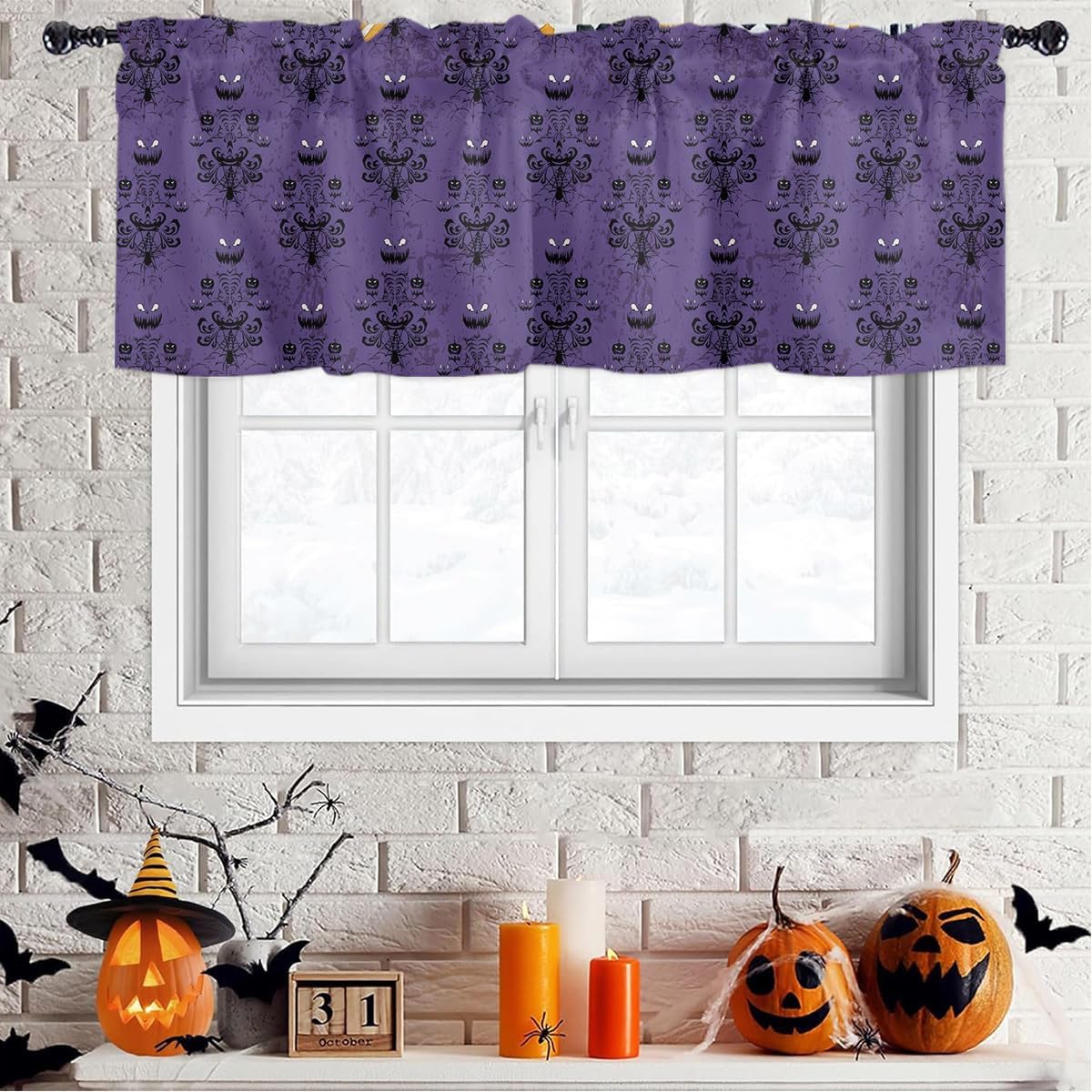 2 Pack Haunted Mansion Valance Curtains for Windows, Halloween Window Treatment Curtains for Living Room/Bathroom Purple Spooky Scary Decorate Goth Gothic Rod Pocket Kitchen Valances, 54"W x 18" L