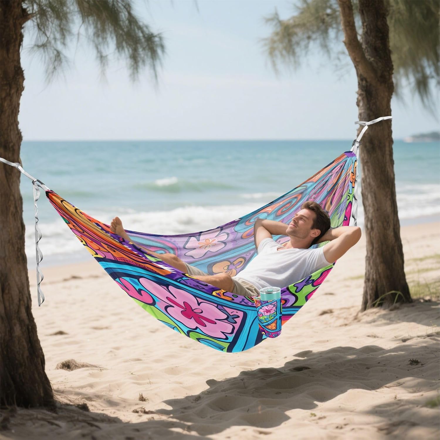 ALAZA Cute Peace Sign Camping Hammocks Single or 2 Person 500 lbs Portable Parachute Travel Hammock w/Tree Straps for Hiking Backpacking Indoor Outdoor