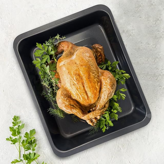 Roasting Tins for Ovens (34 x 28 x 5cm) | Oven Tray Non Stick Roasting Tray Heavy Duty Carbon Steel with Deep Sides Perfect as Baking Tray & Lasagne Dish | Grey