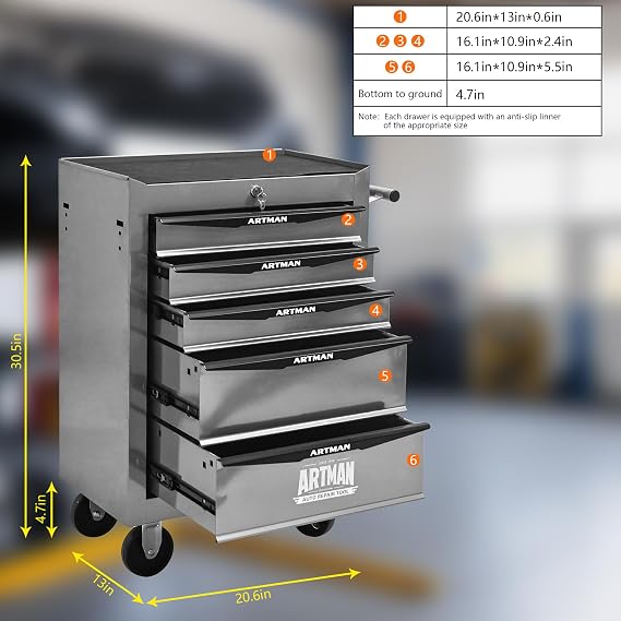 5 Drawers Rolling Tool Box on Wheels, Multifunctional Tool Chest Cabinet with Lock, Drawers Rolling Tool Cart Trolley Organizer Tool Storage Case for Warehouse,Garage,Workshop (Silver)