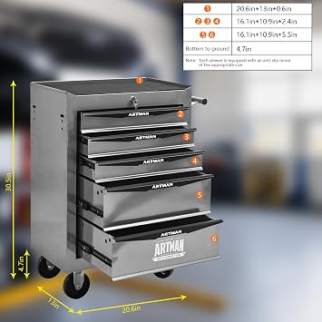 5 Drawers Rolling Tool Box on Wheels, Multifunctional Tool Chest Cabinet with Lock, Drawers Rolling Tool Cart Trolley Organizer Tool Storage Case for Warehouse,Garage,Workshop (Silver)