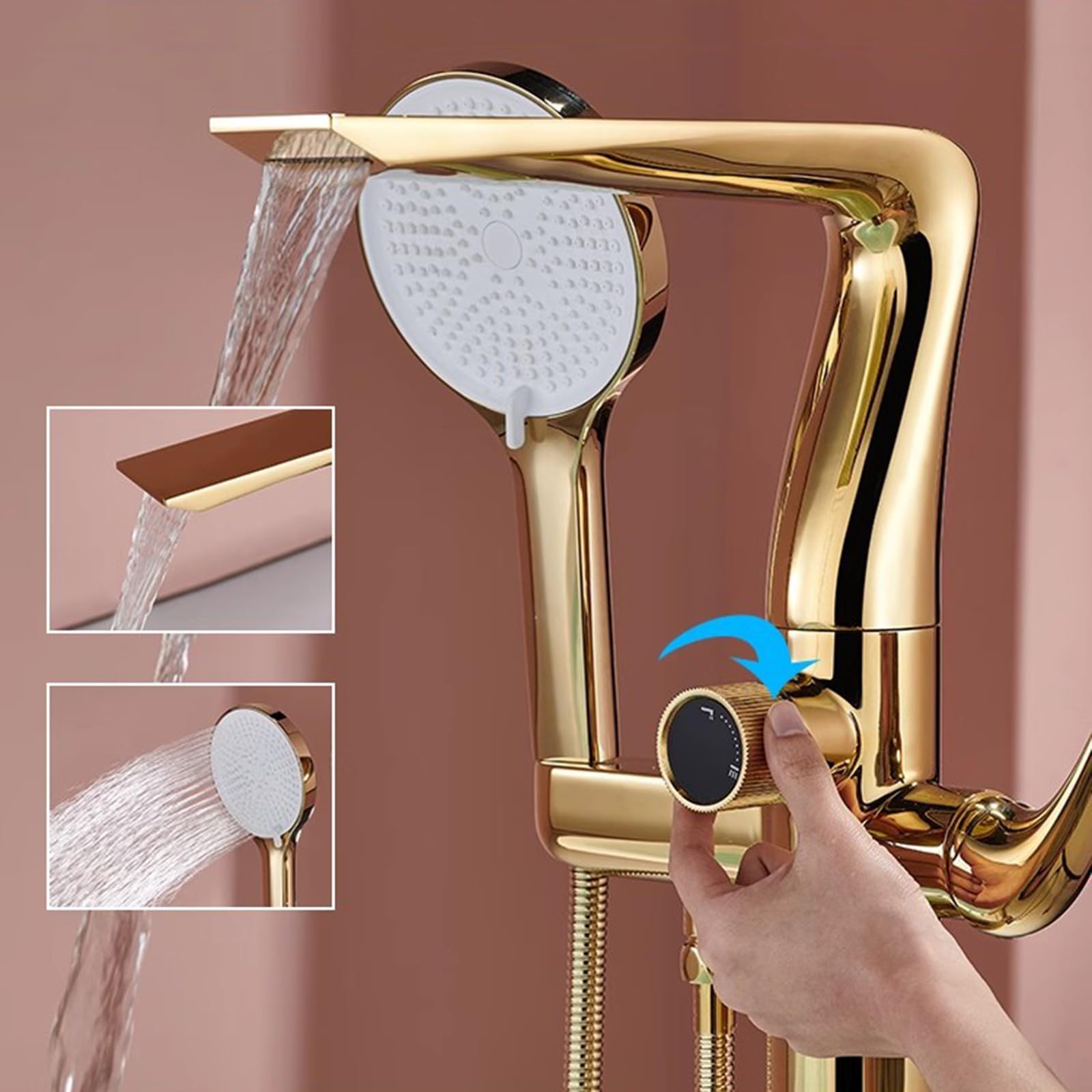 BiaoTeng Grifo Bañera Independiente con Cascada 3 Modos Oro Rosa Laton