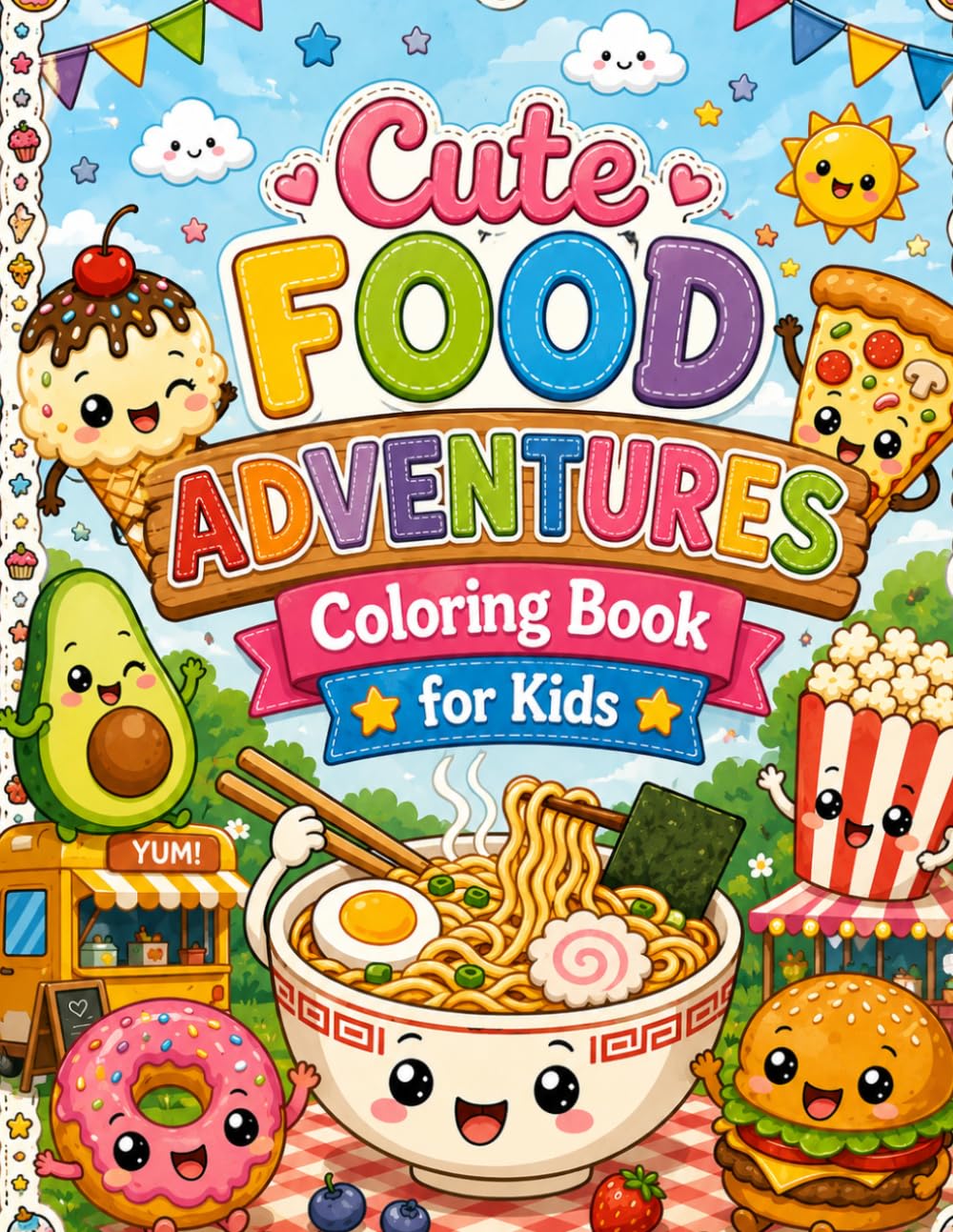 Cute Food Adventures Coloring Book for Kids: Adorable Food Scenes with Pizza, Ice Cream, Cupcakes, Donuts, and Friendly Food Character Designs for Boys and Girls Ages 4-10