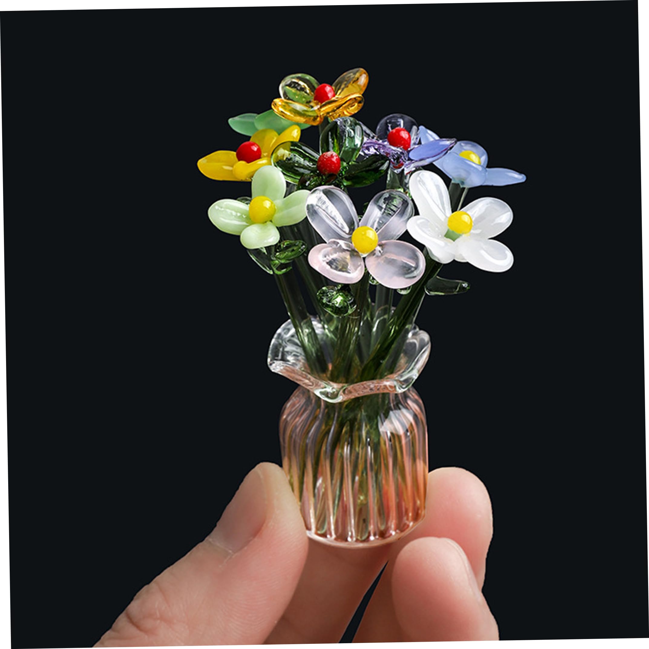 Monwssoe Artificial Flowers, Mini Glass Flowers In Vase, 9-piece Mini Glass Set With Tiny Vase, Handcrafted Assorted Blooms, Colorful Desktop Decor For Home Office