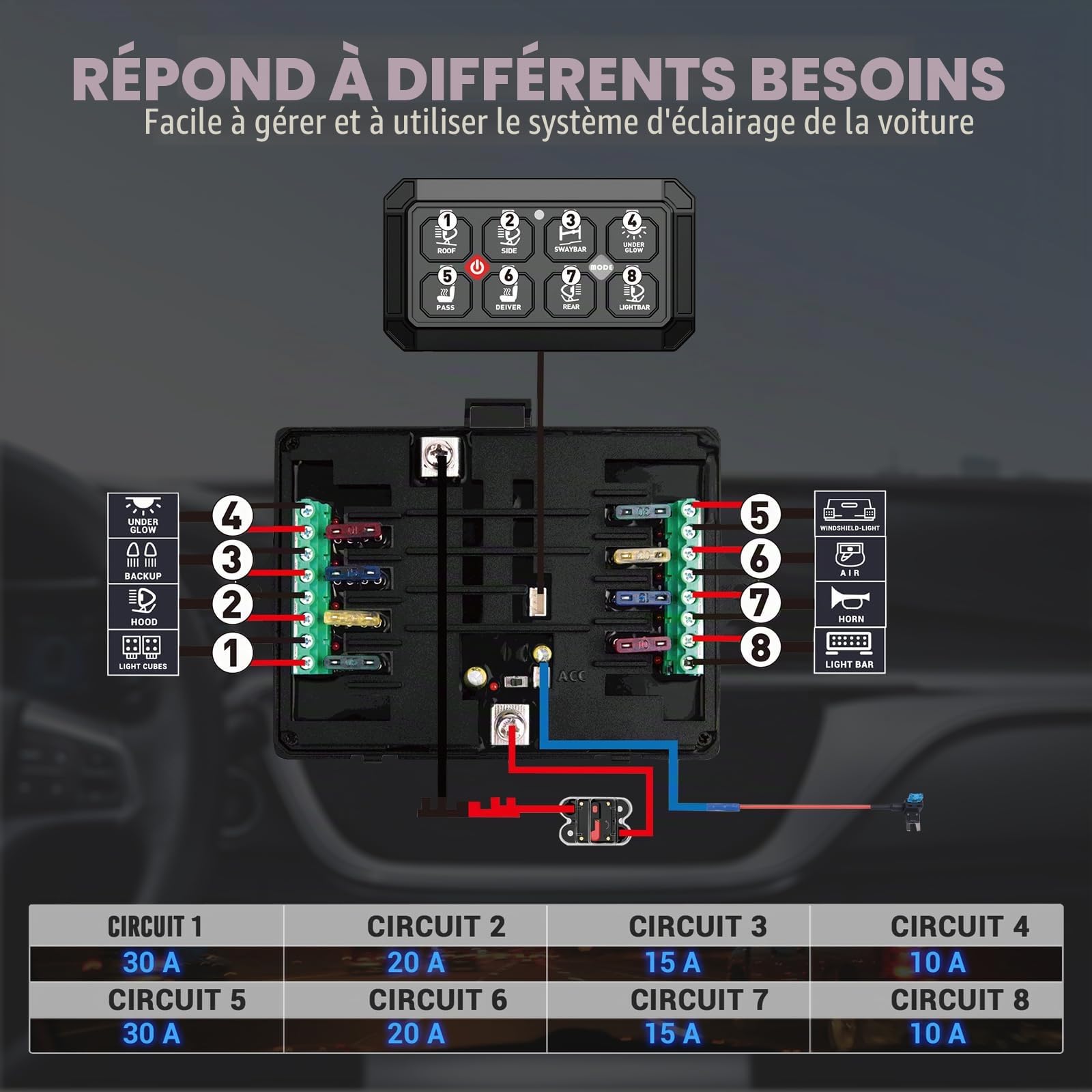 Panneau d'interrupteur 8 vitesses 12 V/24 V | Système de relais de contrôle de circuit universel, Kit de commutation intelligent, Intensité variable, Panneau tactile LED