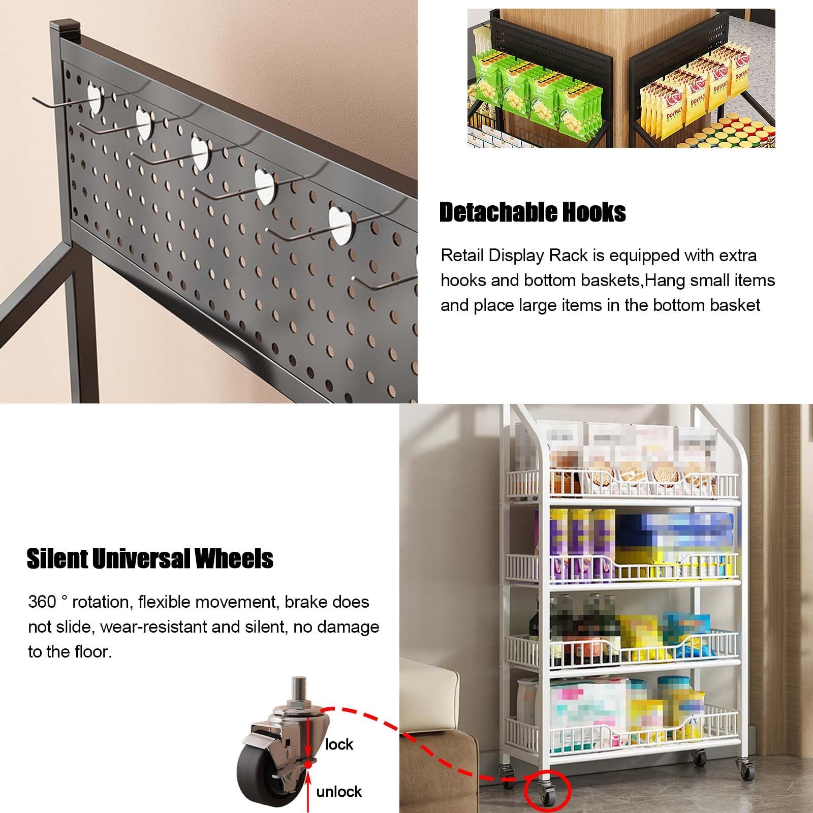 stojak ekspozycyjny, Półka na owoce i warzywa kółkach do supermarketu(White,5 Tier 50cm)