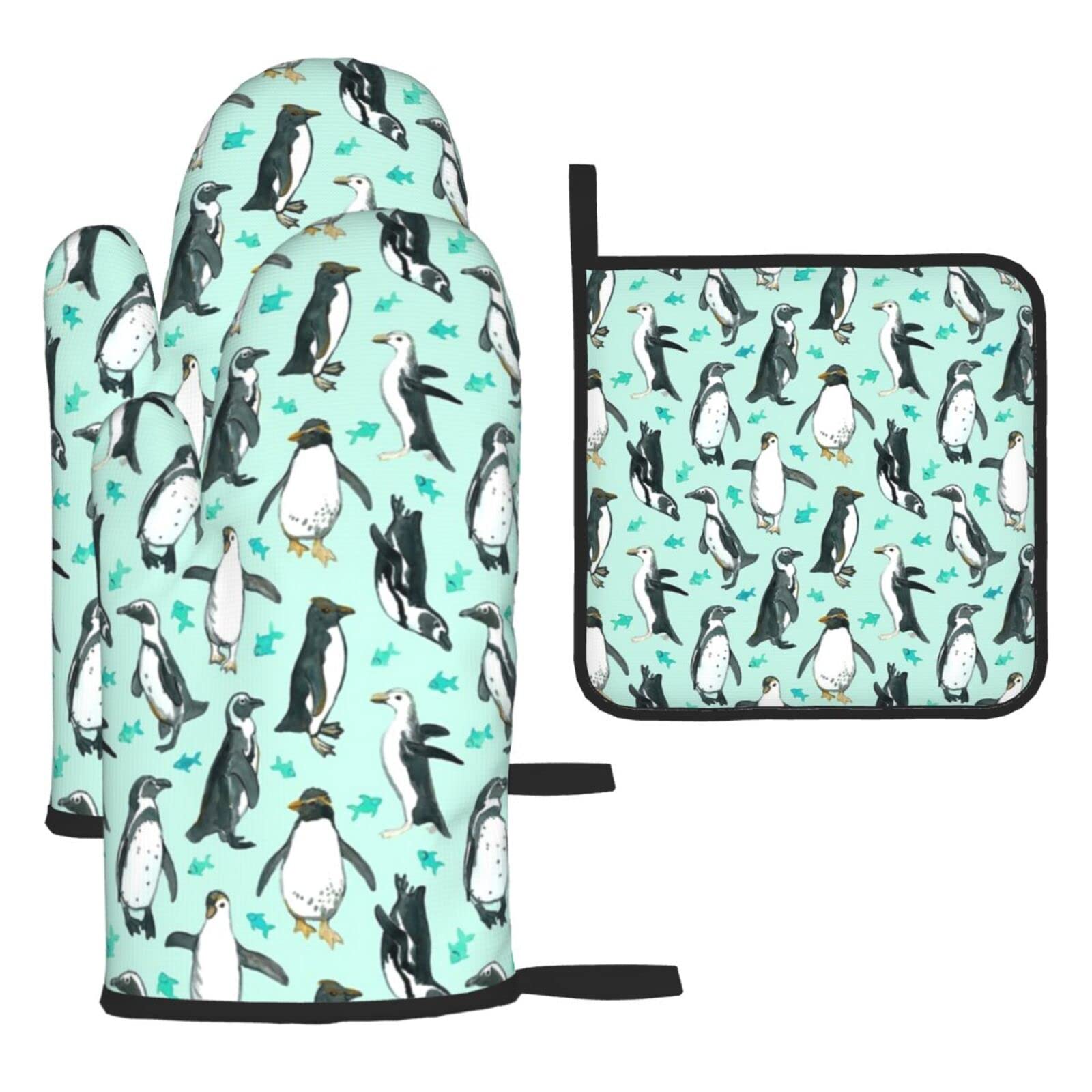 Cute Penguins Oven Mitts and Pot Holder Kitchen Set for Grilling, Cooking, Baking, Heat Resistant