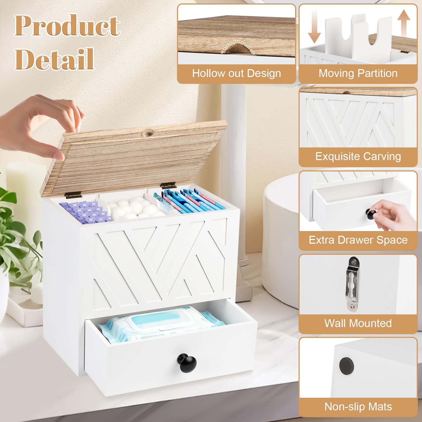 3 Compartiments Boite Rangement Serviette Hygiénique, Boite Rangement Tampon Sanitary Pad Storage Box avec Couvercle, Boîte de Rangement pour Tampons pour Salles de Bains, Salons et Bureaux (Blanc-1)