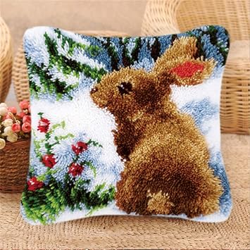 LAPATAIN Latch Hook Kits for DIY Throw Pillow Cover,Needlework Cushion Cover Hand Craft Crochet for Great Family 17X17inchRabbit