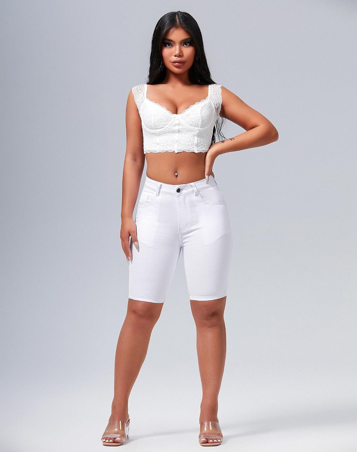 roswear Women's High Waisted Bermuda Shorts Stretchy Knee Length Jean Shorts - Image 4