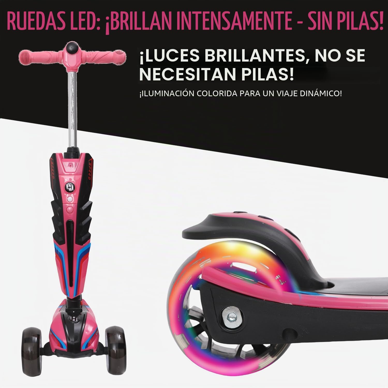 Habib - Patinete infantil con luces LED, 3 ruedas, plegable, altura regulable, para niños y niñas, 3-12 años, hasta 50 kg