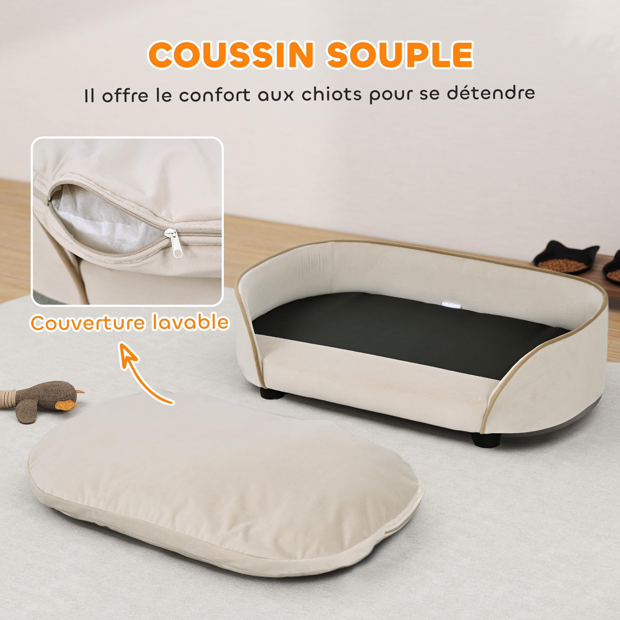 PawHut Canapé pour Chien, canapé pour Animal de Compagnie avec Coussin Amovible et Housse Lavable, en Velours, 66 x 43 x 19,5 cm, Beige
