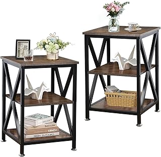 End Tables Living Room Set of 2, 16" D x 16" W x 24" H, Indoor End Tables Living Room with Storage Shelf, Square End Table Set of 2, X-Shaped Night Stands for Bedroom, Farmhouse Wood Side Tables