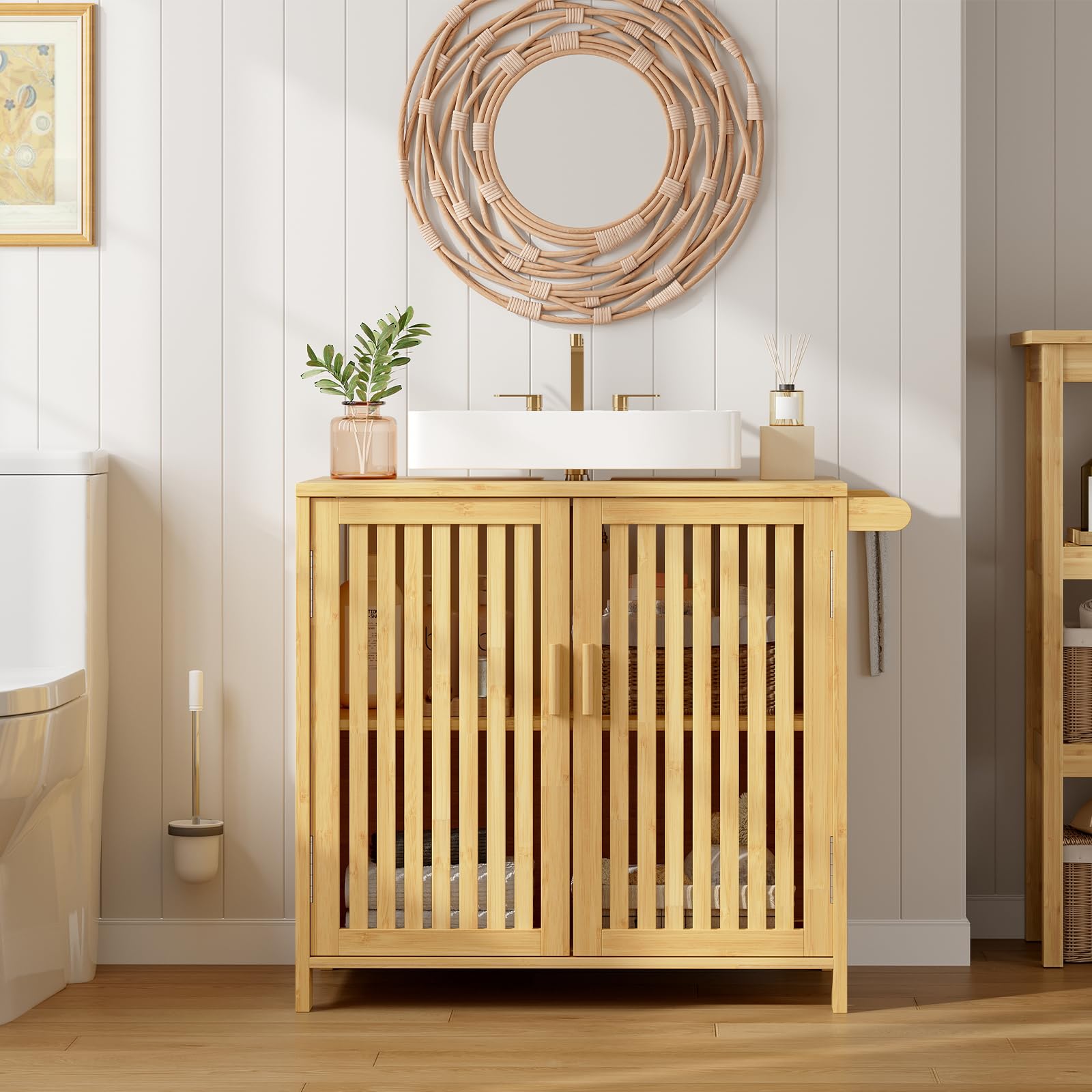 HOOBRO Bambus-Waschbeckenunterschrank mit 2 Türen, 2 Fächern und Handtuchhalter, Unterschrank, Badezimmerschrank, Badschrank, 60 x 30 x 60 cm, für Waschbecken ohne Säule, Natur EYL06BV01
