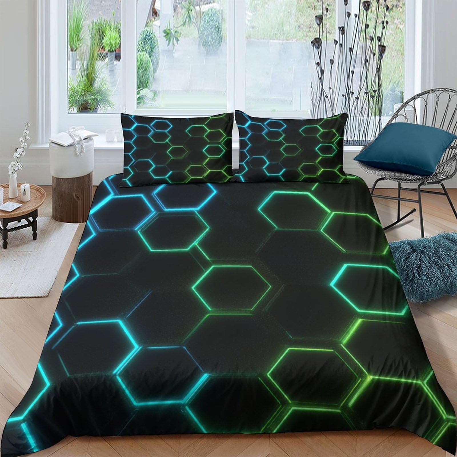Ctjqhvkz Style-8 3D Printed Neon Hexagon Fitted Sheet Microfiber Soft Breathable Geometric Green Blue Mattress Cover Bedroom Decor Single（135X200cm）
