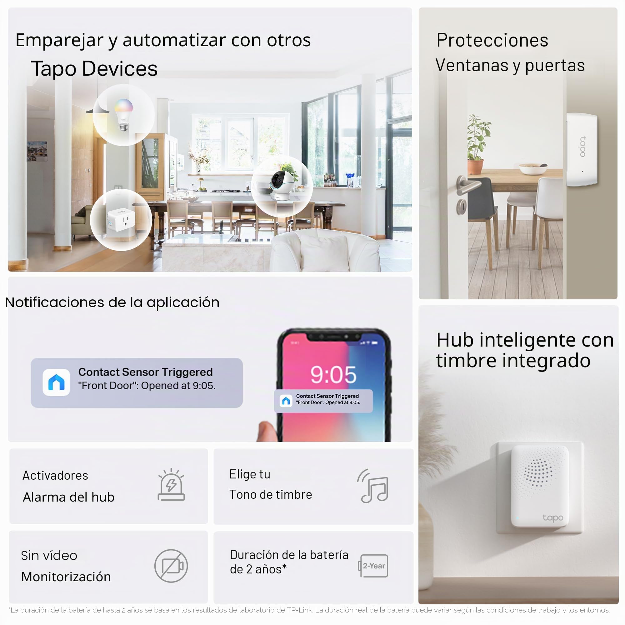 TP-Link Tapo Kit de inicio de sensor de puerta, compatible con Matter, sensor de contacto inteligente para ventana de puerta x 3, concentrador inteligente con timbre integrado, automatización